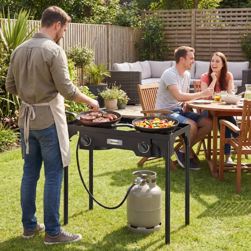 Image of OUTSUNNY 150, 000 BTU Double Burner Camping Stove with Detachable Legs Black Size: 40cm Black Unisex 40 cm