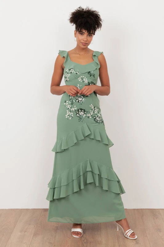 Image of Maya Deluxe Womens Embellished Ruffle Maxi Dress in Light Green Size: 8 Light Green Female 8