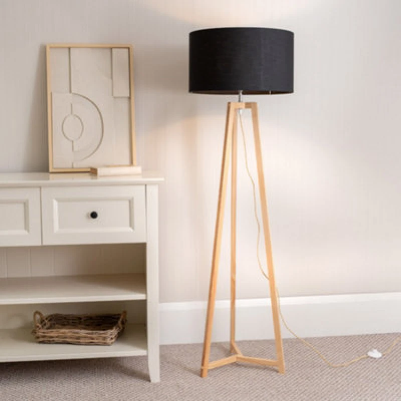Image of ValueLights Lottie Natural Wood Tripod Floor Lamp with Fabric Drum Shade Black