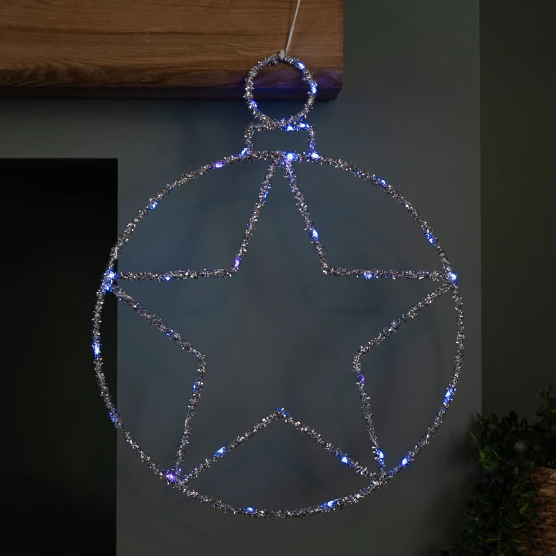 Image of 49cm Battery Powered Light up Christmas Silver Star Ball with Twinkling Blue LEDs