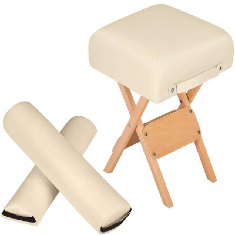 Image of Tectake Stool & Bolster Cushion Set - Foldable, Padded, Wood And Faux Leather - Beige, 1