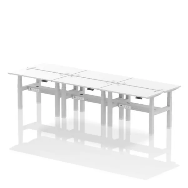 Image of Air Air Back-to-Back 1200 x 600mm Height Adjustable 6 Person Bench Desk White Top with Cable Ports Silver Frame HASCP6P12600WHTS