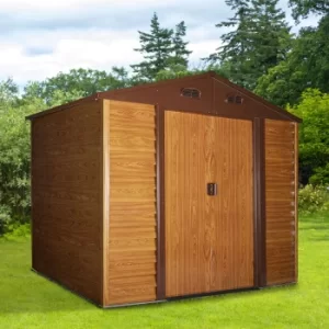 Image of Outsunny 9.1ft x 6.4ft Metal Garden Shed House Hut Gardening Tool Storage with Foundation and Ventilation Brown with wood grain