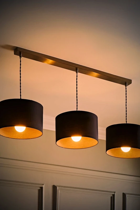 Image of ValueLights ValueLights Reni Drum Shade 3 Drop Bar Chrome Diner Ceiling Pendant Light and Bulbs in Charcoal Charcoal One Size Unisex 5059406064388