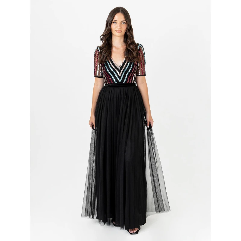 Image of Maya Deluxe Maya Multi Stripe Embellished Black Maxi Dress with Velvet Sash Belt Black female 6 (2XS)