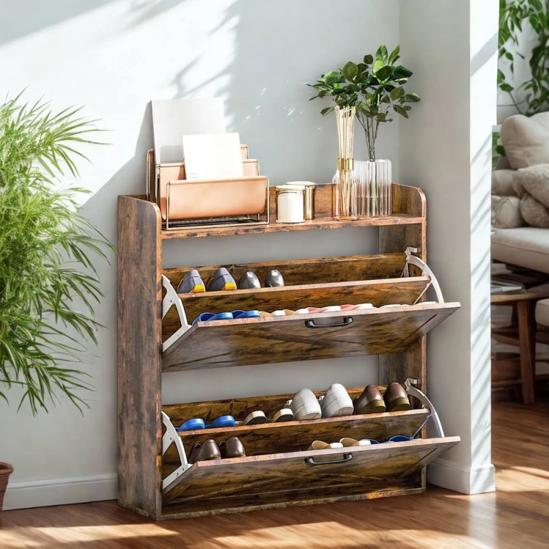 Image of FURNOS 2 Drawer Hallway Shoe Storage Cabinet With Storage Shelf Rustic in Brown Brown Unisex