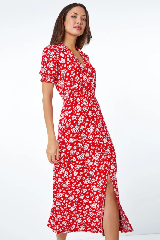 Image of Roman Ditsy Floral Print Fit & Flare Dress Red female