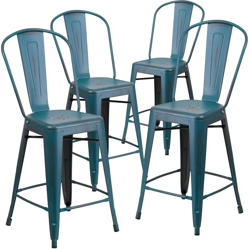 Image of FWStyle FWStyle Set Of 4 24" Blue Teal Distressed Bar Stools Galvanised Steel Blue One Size Unisex 5056413129833