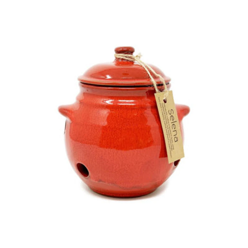 Image of Verano Spanish Ceramics Selena Glazed Hand Dipped Kitchen Dining Garlic Jar With Lid Red (H) 15Cm