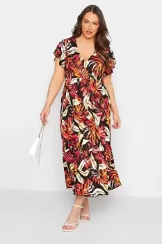 Image of Leaf Print Frill Sleeve Wrap Maxi Dress