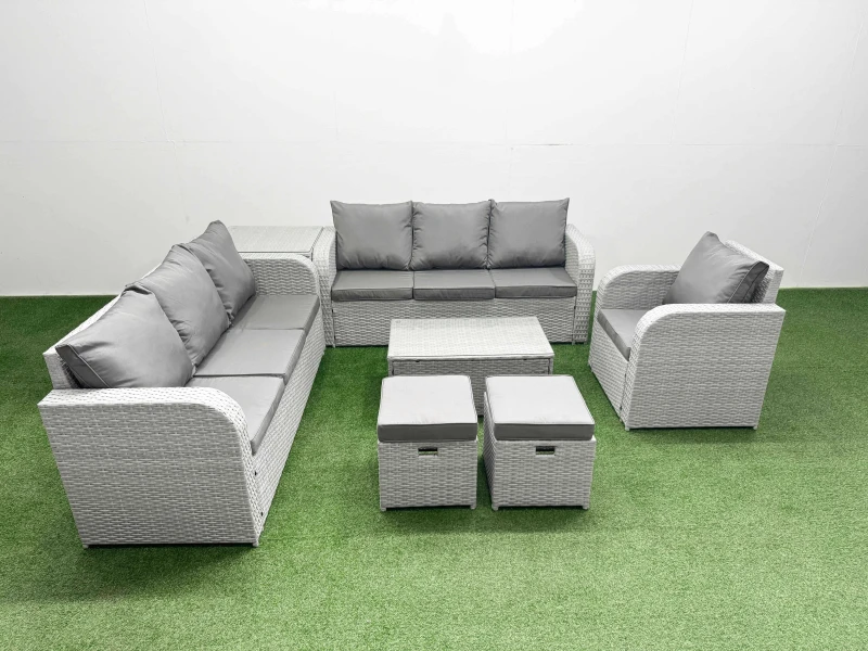 Image of Fimous 9 Seater Poly Rattan Outdoor Garden Furniture Sofa Set Patio 3 Seater Sofa Reclining Chair 3 Seater Sofa Stools Side Table Light Grey Light Gre