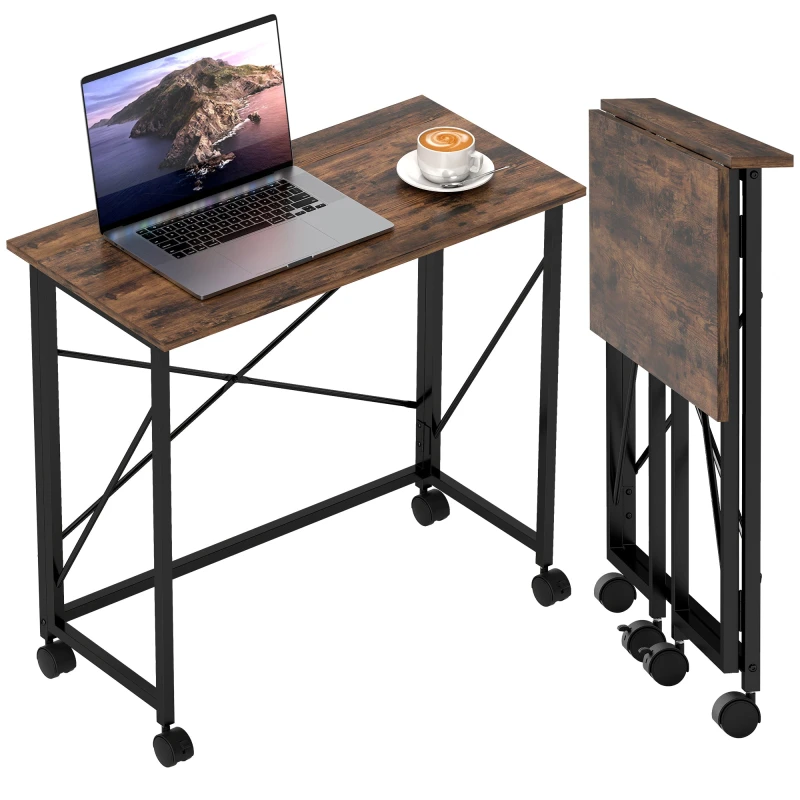 Image of HOMCOM HOMCOM Folding Desk on Wheels, Writing Table for Home Office, Brown Brown One Size Unisex 5063603400993