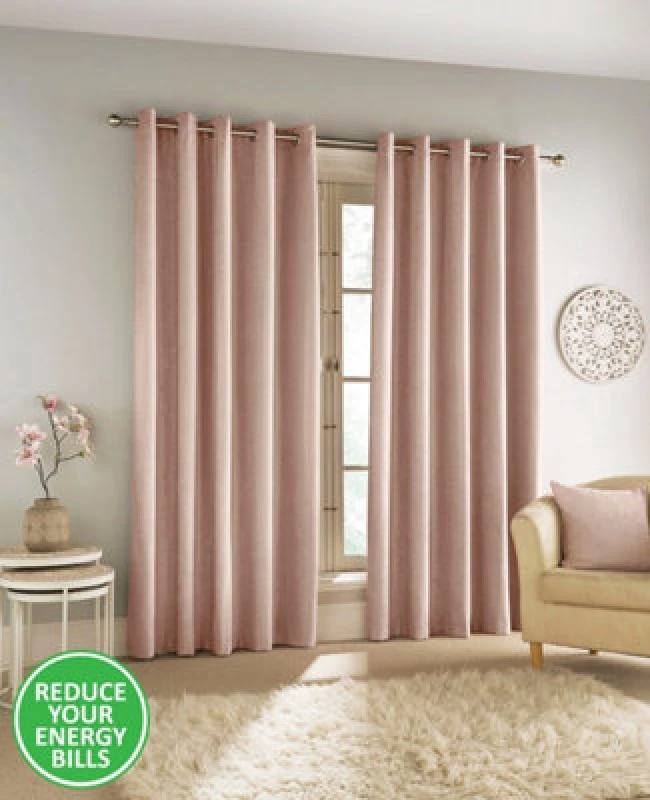 Image of Enhanced Living Savoy Blush 100% Blackout, Thermal, Velvet/Chenille Eyelet Pair of Curtains Pink