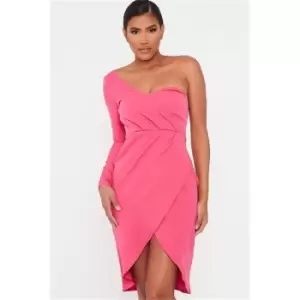 Image of I Saw It First Pink Woven One Shoulder Drape Midi Dress - Pink