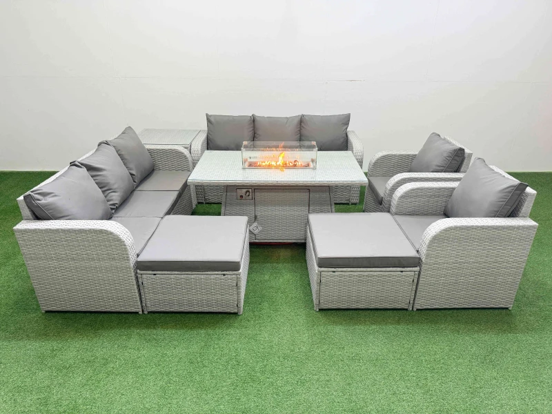 Image of Fimous PE Rattan High Back Lounge Sofa Set Patio Firepit Dining Table & Chairs Set with 3 Seater Sofa Reclining Chair 2 Big Footstool Side Table Light