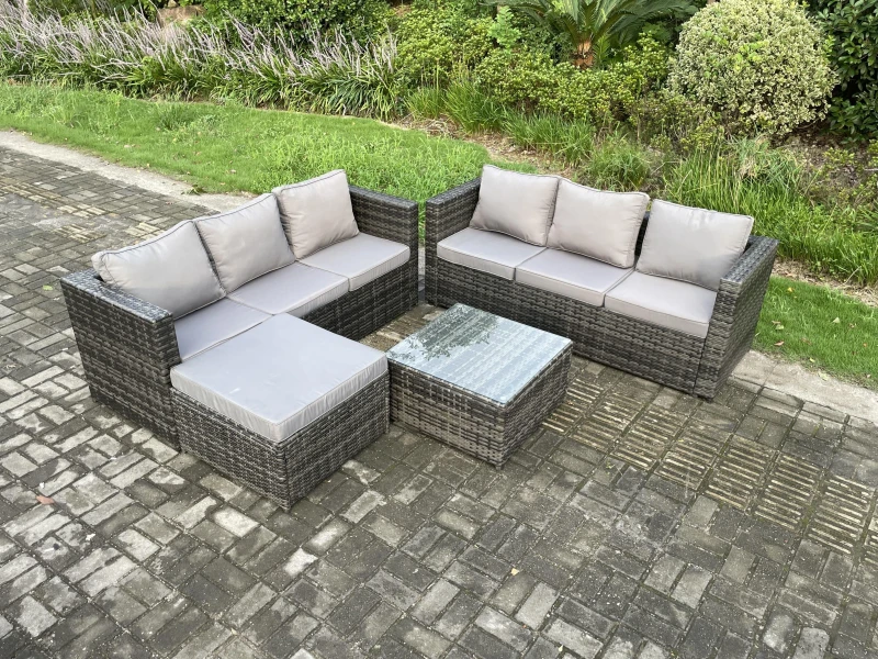 Image of Fimous Wicker Rattan Garden Furniture Sofa Set with Square Coffee Table Big Footstool 7 Seater Outdoor Rattan Set Dark Grey