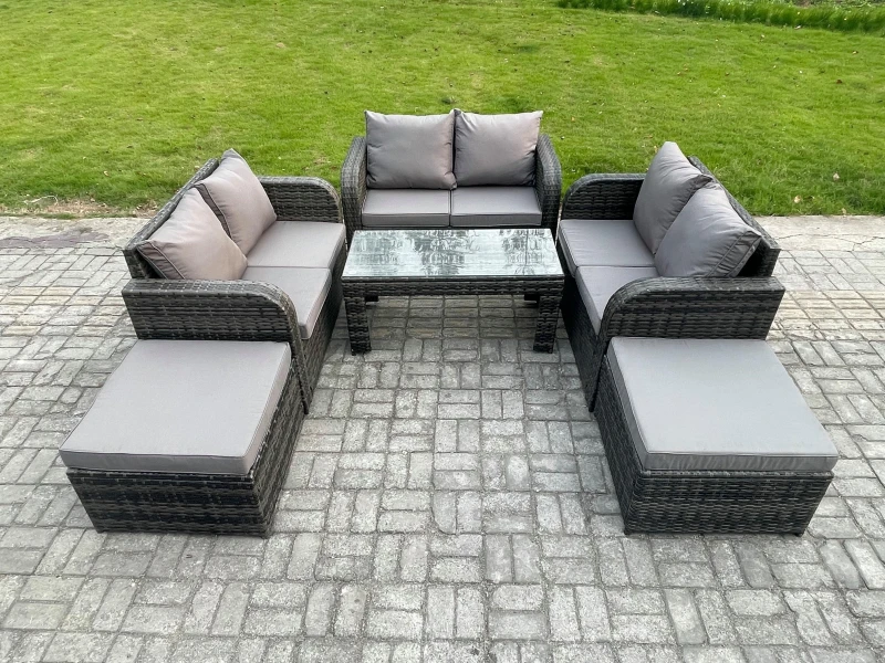 Image of Fimous Rattan Wicker Garden Furniture Patio Conservatory Sofa Set with Rectangular Coffee Table Reclining Chair Love Sofa 2 Big Footstool Dark Grey