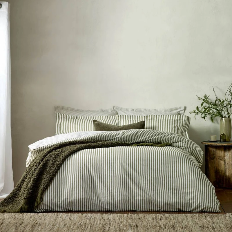 Image of Yard Hebden Striped Cotton Duvet Cover Set, Olive, King