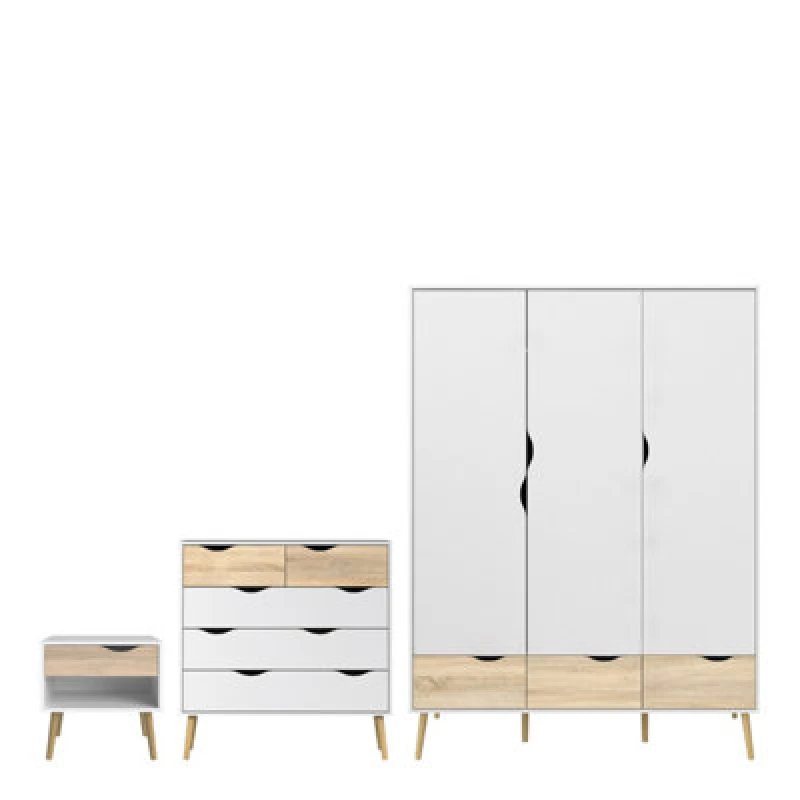 Image of Furniture To Go Oslo 3 Piece Bundle, Bedside, Chest And 3 Door 3 Drawers Wardrobe In White And Oak