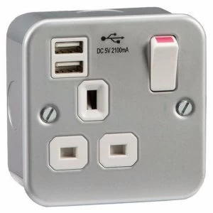 Image of KnightsBridge Metal Clad 13A 1 Gang Switched Socket With 2 USB 5V Charger Ports