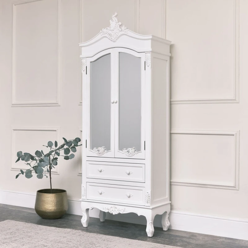 Image of Melody Maison Antique White Mirrored Closet - Pays Blanc Range White