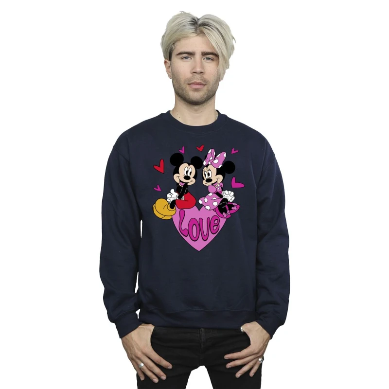 Image of Disney Men Love Mickey & Minnie Mouse Hearts Sweatshirt in Navy Size: Small Navy S Male 5063376317771