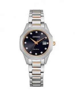 Image of Citizen Eco-Drive Black And Rose Gold Detail Dial Black Patent Leather Strap Ladies Watch