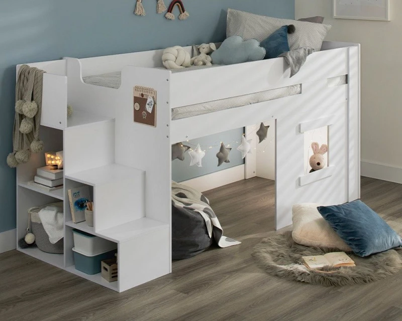 Image of Flair Marlowe Mid Sleeper Bed with Steps & Storage in White Size: Single White Unisex Single