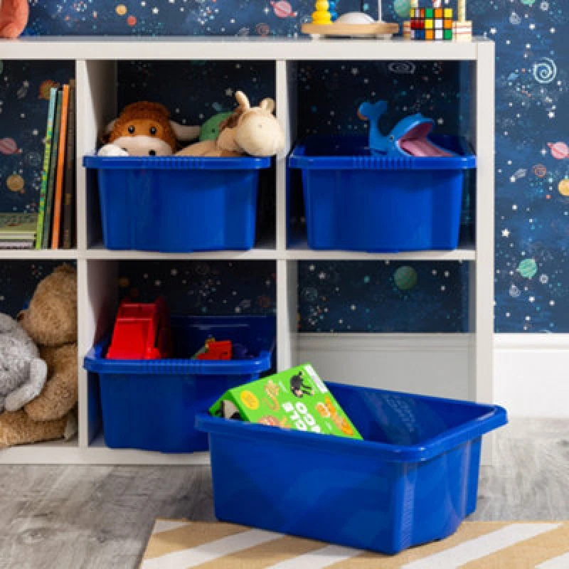 Image of Wham Stack & Store 4X 16L Plastic Storage Boxes. Ideal For Toys, Classrooms & Playrooms. Integrated Handles. Blue