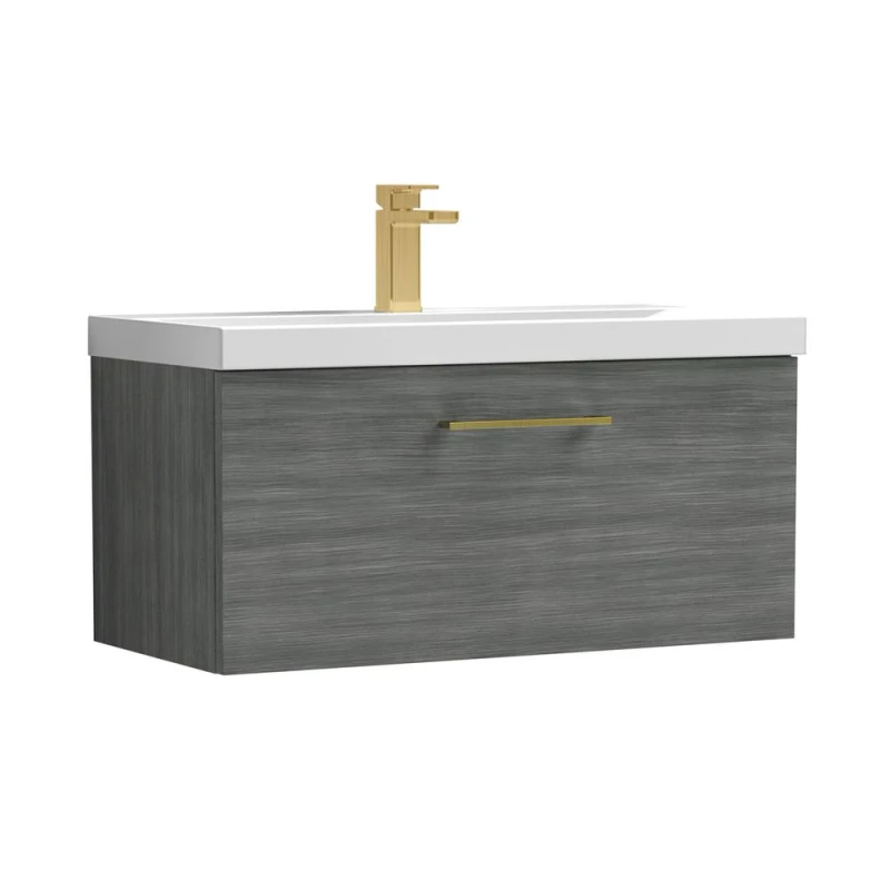 Image of Balterley 800mm Wall Hung 1 Drawer Vanity, Woodgrain Anthracite, Brass Handle in Grey Grey Unisex