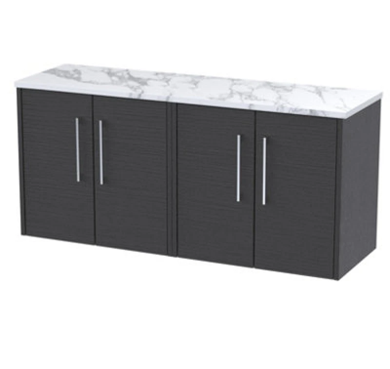 Image of Nuie Hudson Reed Juno Wall Hung 4-Door Vanity Unit & Carrera Marble Worktop, Countertop Basin Unit In Graphite Grey Woodgrain, 1200mm