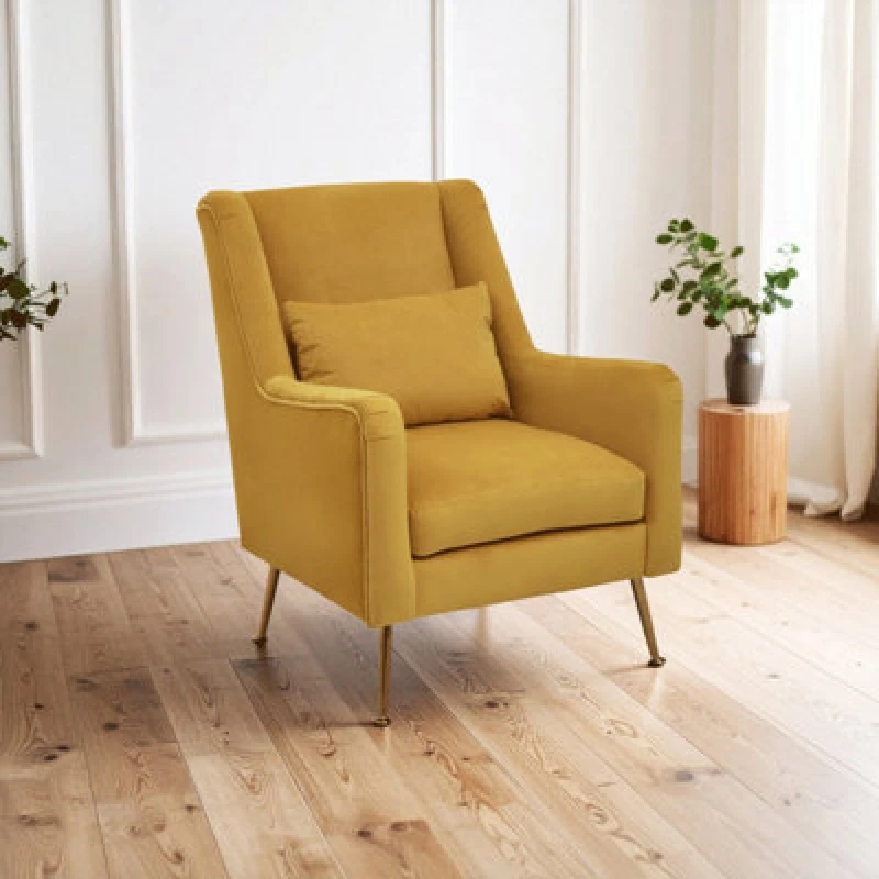 Image of Orsina Yellow Velvet Armchair For Lounge, Angular Gold Leg Chair With Velvet Upholstery For Living Room, Home