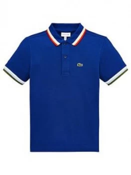 Image of Lacoste Boys Short Sleeve Tipped Pique Polo Shirt - Blue, Size 6 Years