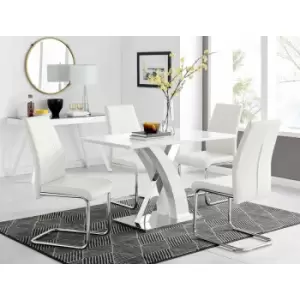 Image of Atlanta White High Gloss And Chrome Metal Rectangle Dining Table And 4 White Lorenzo Dining Chairs Set - White