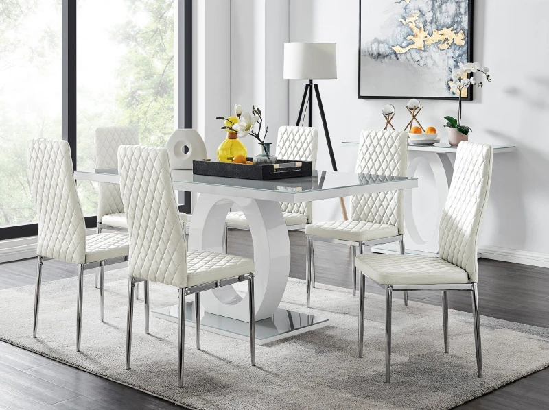 Image of FurnitureboxUK FurnitureboxUK Giovani 6-Seater Grey Glass Dining Table and 6 Milan Faux Leather Dining Chairs in White White One Size Unisex 505654263