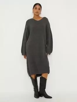 Image of Dorothy Perkins V Neck Knitted Midi Dress - Charcoal, Grey Size M Women