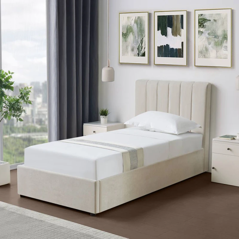 Image of Artemis Home Evelynne Fabric 90cm Single Ottoman Bed Frame with Storage in Beige Beige Unisex Single