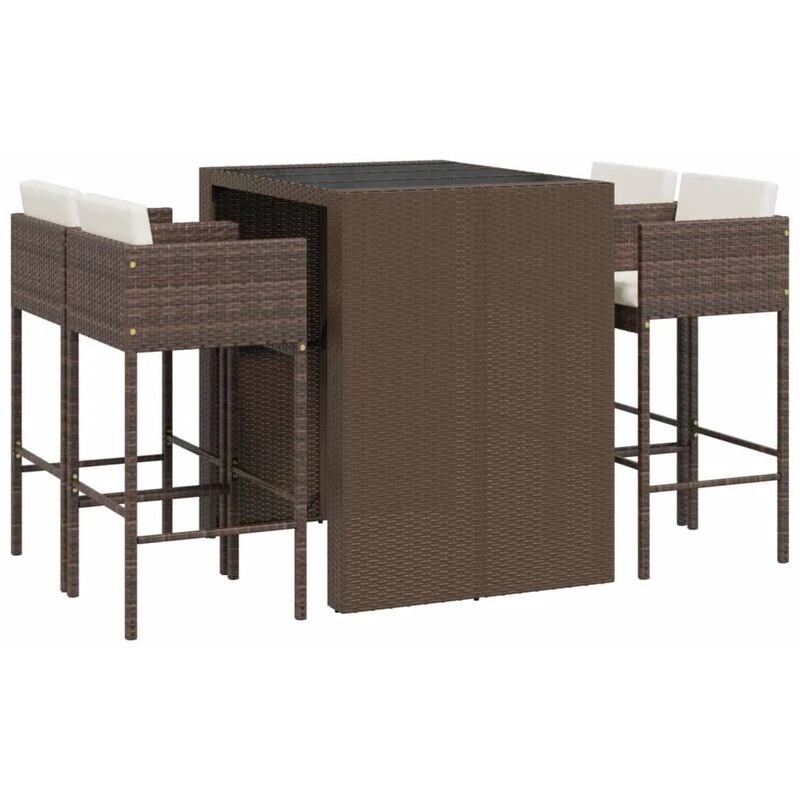 Image of vidaXL 5 Piece Garden Bar Set with Cushions Brown Poly Rattan, Brown 3203941