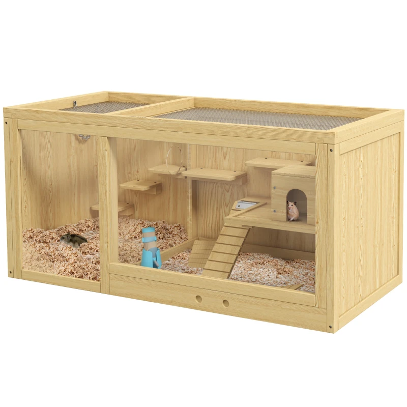 Image of PawHut Wooden Hamster Cage with Water Bottle - Platforms - Openable Roof TJ Hughes Natural 5061025094875