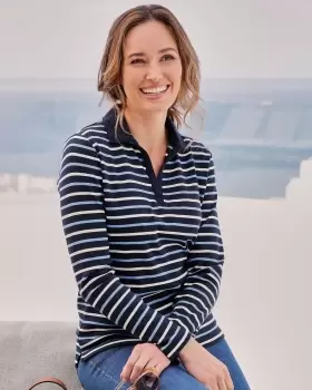 Image of Cotton Traders Womens Wrinkle Free Long Sleeve Stripe Polo Top in Blue