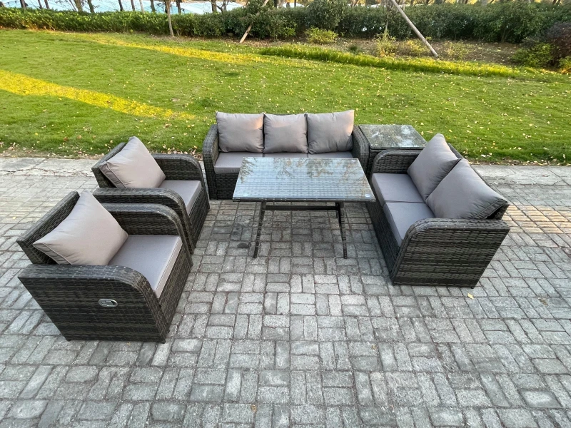 Image of Fimous 7 Seater High Back PE Rattan Sofa Set Outdoor Garden Furniture Dining Table Set With Reclining Chair 3 Seater Sofa Dark Grey unisex