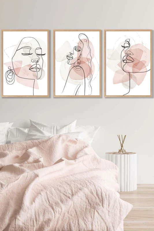 Image of ARTZE Set of 3 Oak Framed One Line Abstract Fashion Faces in Pink & Ivory Wall Art in Light Pink Size: W45cm x H62cm x D20mm Light Pink Unisex W45