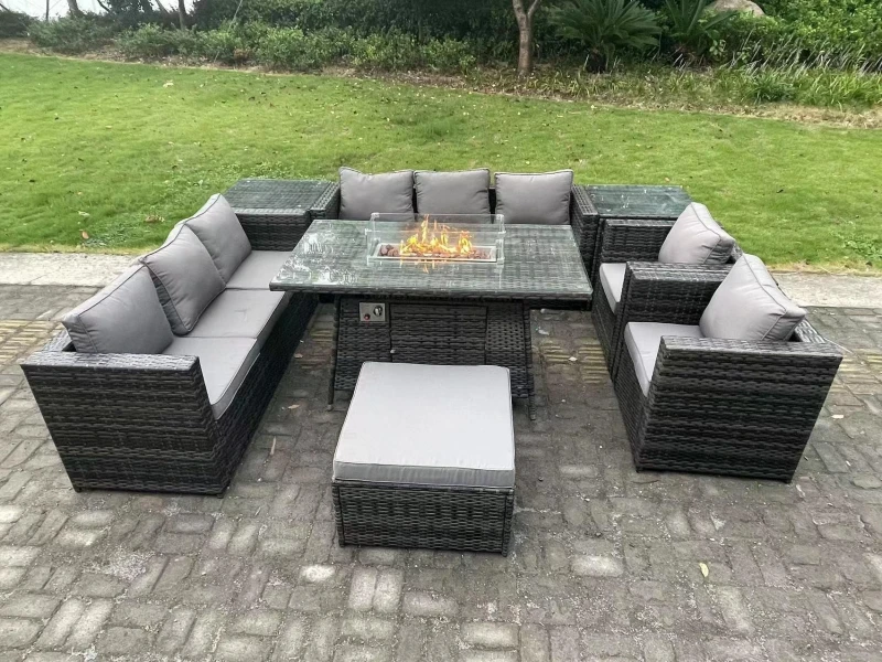 Image of Fimous Outdoor Gas Fire Pit Dining Table Sets Heater Lounge Chairs Side Tables 9 Seater Dark Grey