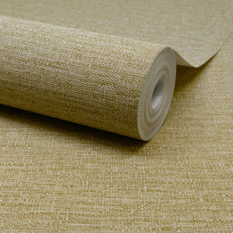 Image of Grandeco Telma Slubbed Fabric Hessian Textured Luxury Wallpaper, Golden Beige Straw