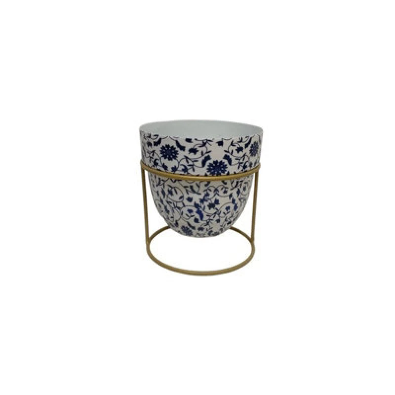 Image of Minster Decorative Planter In Stand - Iron - L13 X W13 X H13cm - White/blue