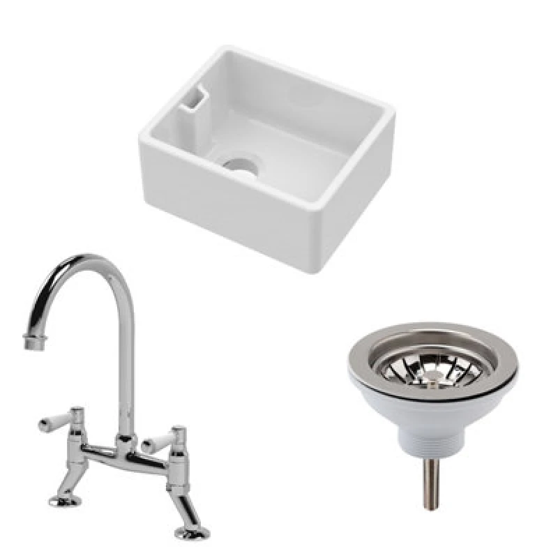 Image of Balterley Fireclay Compact 1 Bowl Belfast Sink Strainer Waste Mixer Tap 460mm Silver