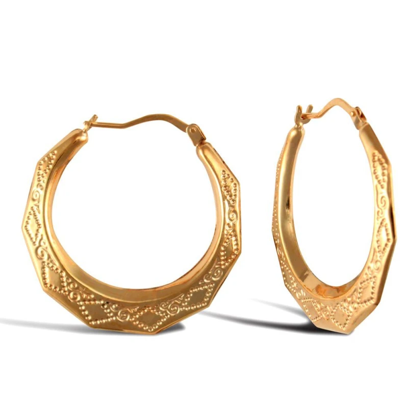 Image of Jewelco London 9ct Gold Diamond Pattern Creole Earrings 29mm - JER288 Gold female