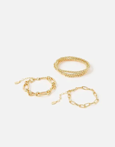 Image of Accessorize Chain and Stretch Beaded Bracelets 5 Pack Gold
