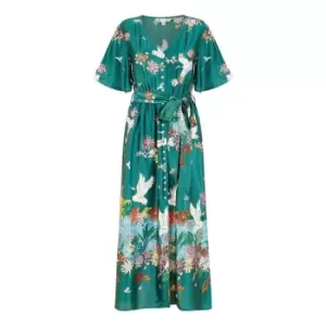 Image of Yumi Green Satin Crane Print Shirt Dress - Green