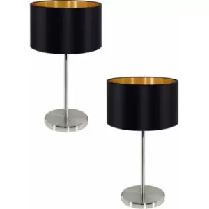 Image of 2 pack Table Lamp Colour Satin Nickel Steel Shade Black Gold Fabric E27 1x60W